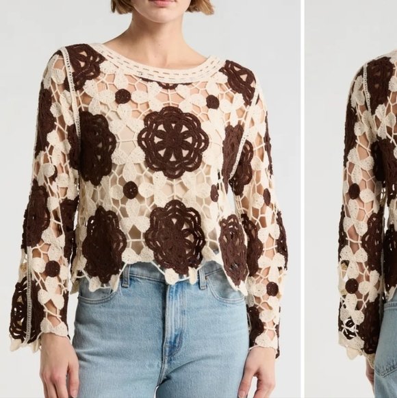 Rebellion Tops - Rebellion Crochet Lace Blouse - Cream and Brown
